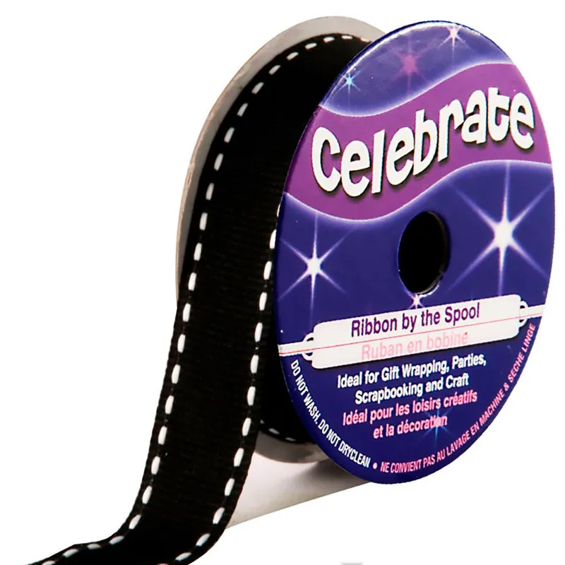 Disponibile | Bobina Grana grossa Celebrate Grosgrain nero con cucitura bianca - 15 mm x 4 m