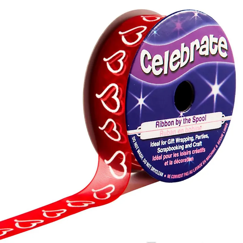 Ultime unità | Organza su un rotolo Celebrate Organza rossa con cuore bianco stampato - 15 mm x 3,5 m