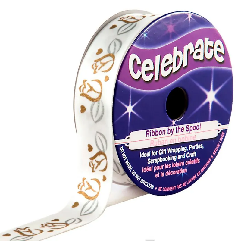 Fino a esaurimento | Raso su un rotolo Celebrate Raso bianco con stampa rosa oro e argento - 15 mm x 3,5 m