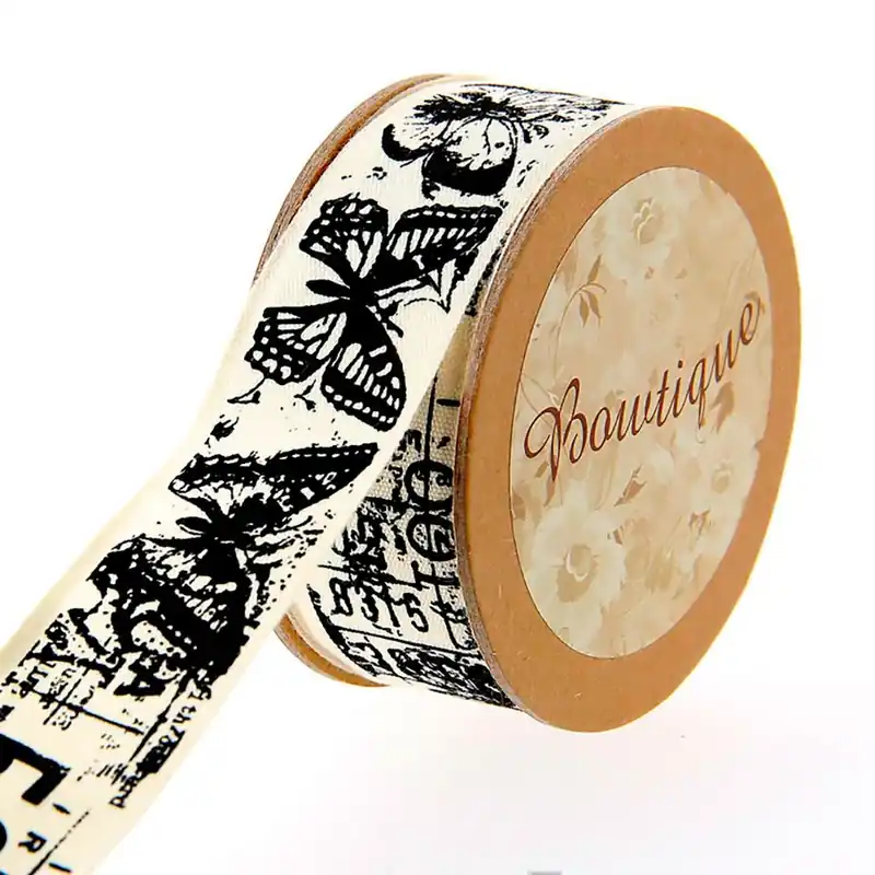 Solo questa settimana | Nastro di cotone su una bobina Bowtique Nastro di cotone ecru con stampa di farfalle - 25 mm x 5 m