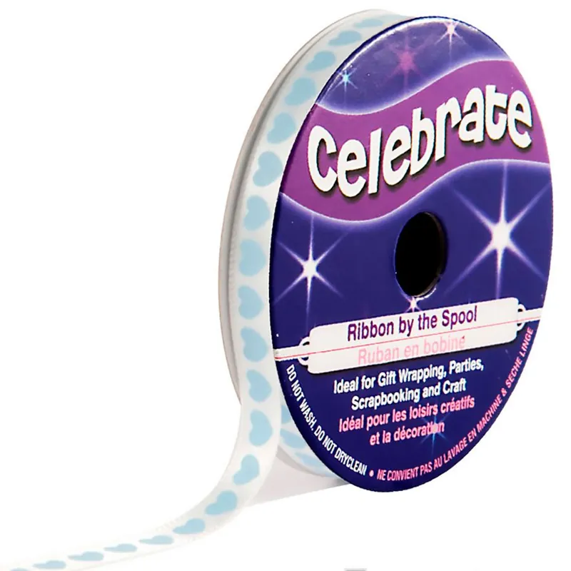 Raso su un rotolo Celebrate Raso bianco con stampa cuore blu - 6 mm x 4 m - Fine serie