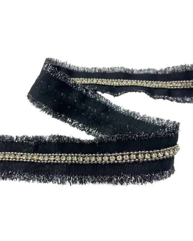 50 Cm Passamaneria Tramezzo Copripunto Base Nera Gros Grain Catenella Argento Strass Alta 25 Mm - Tra i più venduti