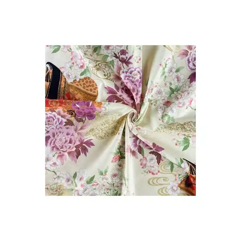 Alta qualità - Tessuto Giapponese bianco panna con stampa di Geisha e fiori dettagli oro - Naka