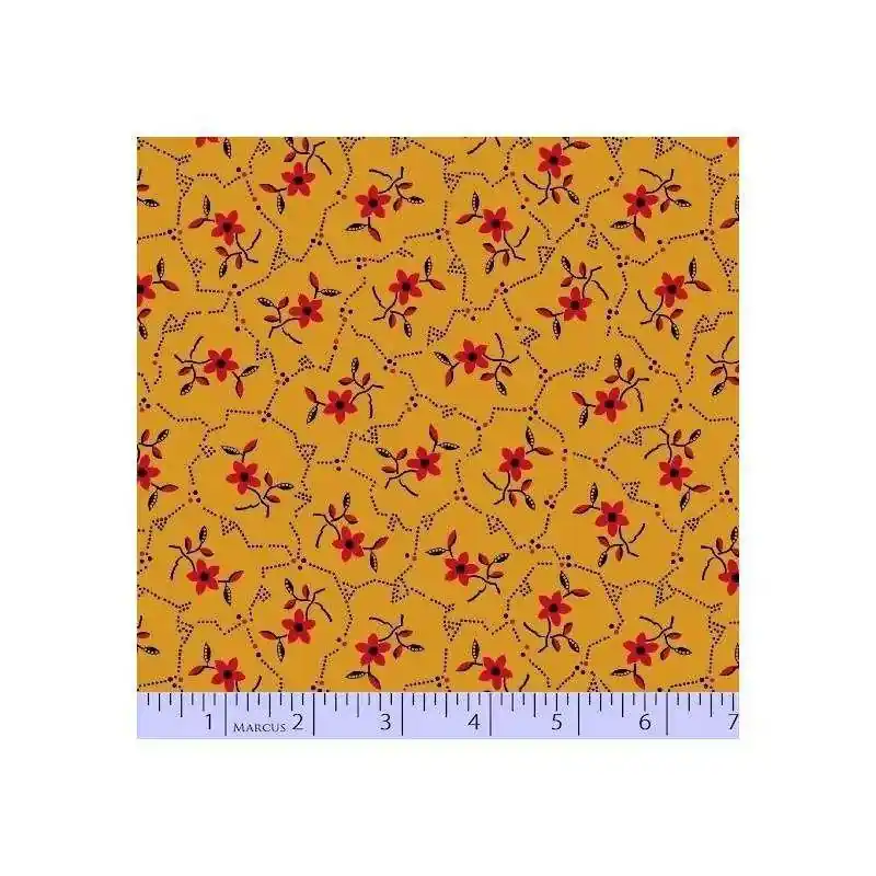 Marcus Fabrics, Landon Creek collection- Tessuto Fondo Giallo Senape con rametti fiore Rosso e bocciolo verde scuro - Prezzo produttore