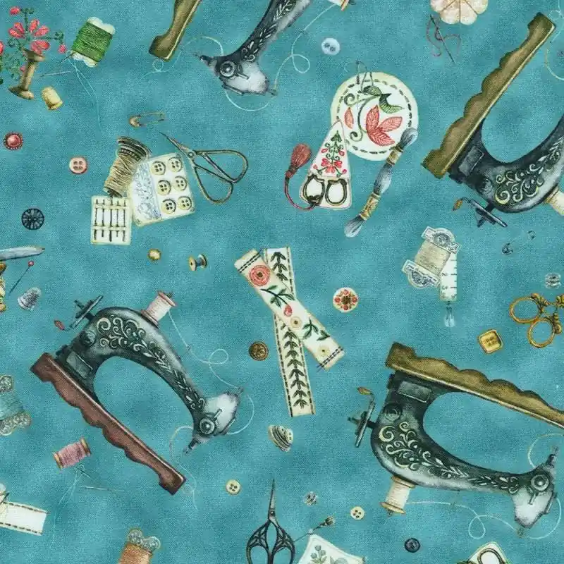 Prezzo promozionale | Make it Sew, Dusty Blue, tessuto azzurro con macchine per cucire - Robert Kaufman