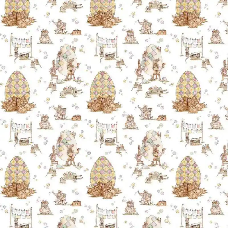 Easter Patchwork, Stoffa al Villaggio Patchwork su Tessuto Bianco con Topini e Coniglietti - Fino a esaurimento