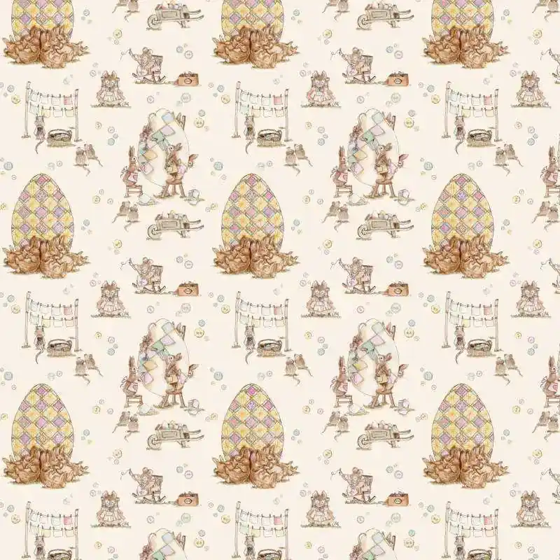 Scelta dei clienti - Easter Patchwork, Stoffa al Villaggio Patchwork su Tessuto Crema con Topini e Coniglietti