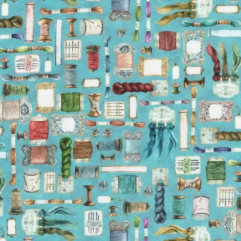Acquista oggi - Make It Sew, Dusty Blue, tessuto azzurro con accessori per il ricamo - Robert Kaufman