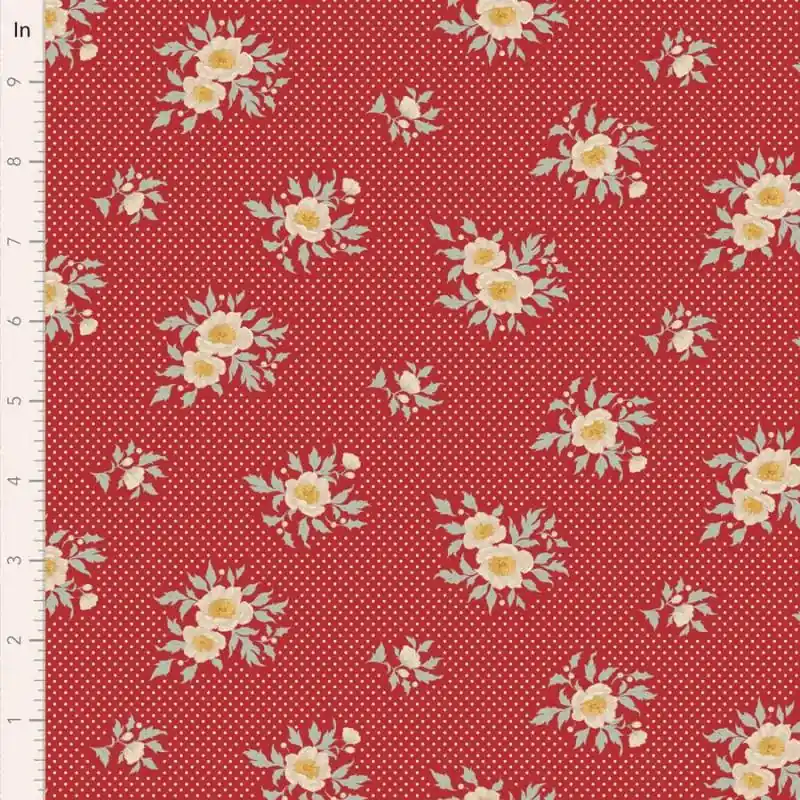 Acquista oggi | Tilda Merry Little Christmas, Joy Red, tessuto con fiori e pois su fondo rosso