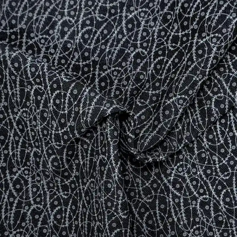 Compra online - Tessuto americano nero con swirl e micropois grigi - Compose David Textiles
