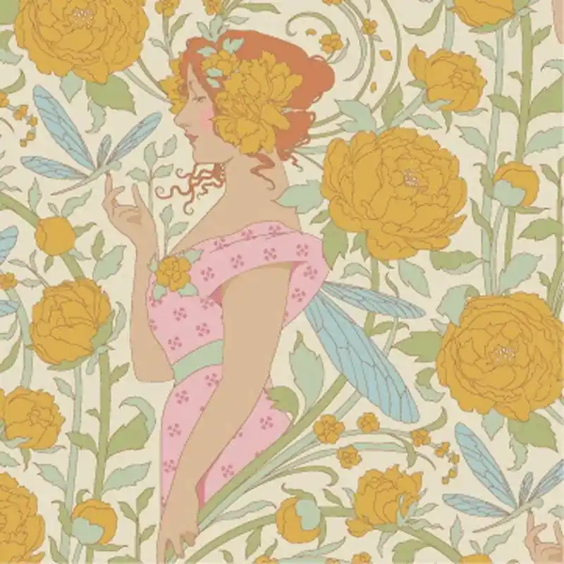 Tilda Songbird Aubery Mustard, Tessuto Giallo Mostarda con Fate e farfalle | Ultime unità