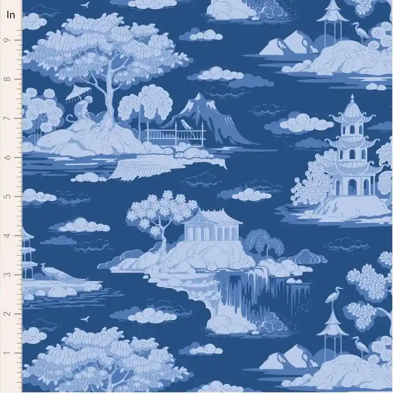 Tilda Something Blue, Cottonview Night, tessuto con paesaggi orientali su fondo blu - Diretto dalla fabbrica