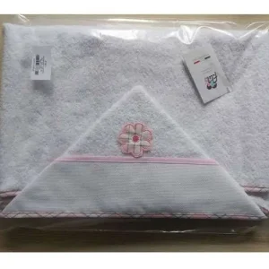 Promozione - Accappatoio mantella (rettangolo) bebe’ in morbida spugna bianca, rifiniture rosa e banda in aida, made in italy