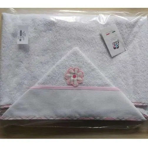 Promozione - Accappatoio mantella (rettangolo) bebe’ in morbida spugna bianca, rifiniture rosa e banda in aida, made in italy