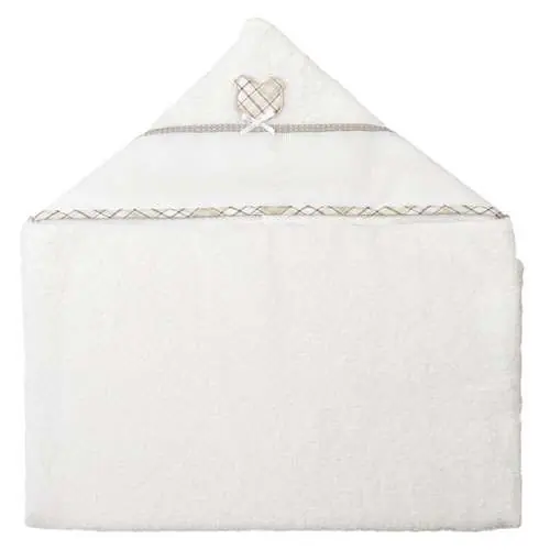 Accappatoio mantella bebe’ spugna bianca rifiniture nocciola e banda in aida - Grande sconto