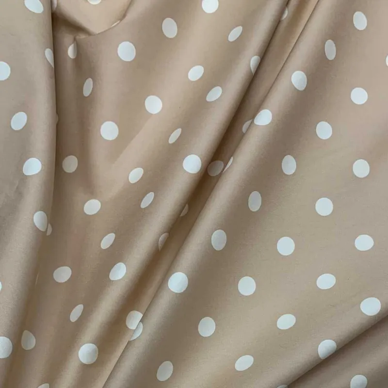 Qualità garantita | Tessuto Gabardine Cammello Pois Bianco 50 Cm